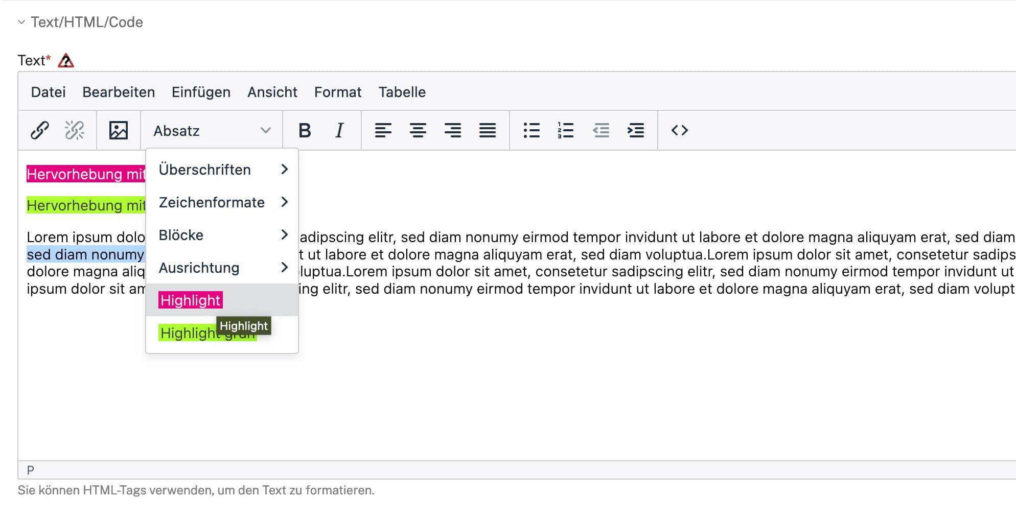 SGV-Redaktionstool Texteditor mit geöffnetem Absatz-Menü zur Farbauswahl
