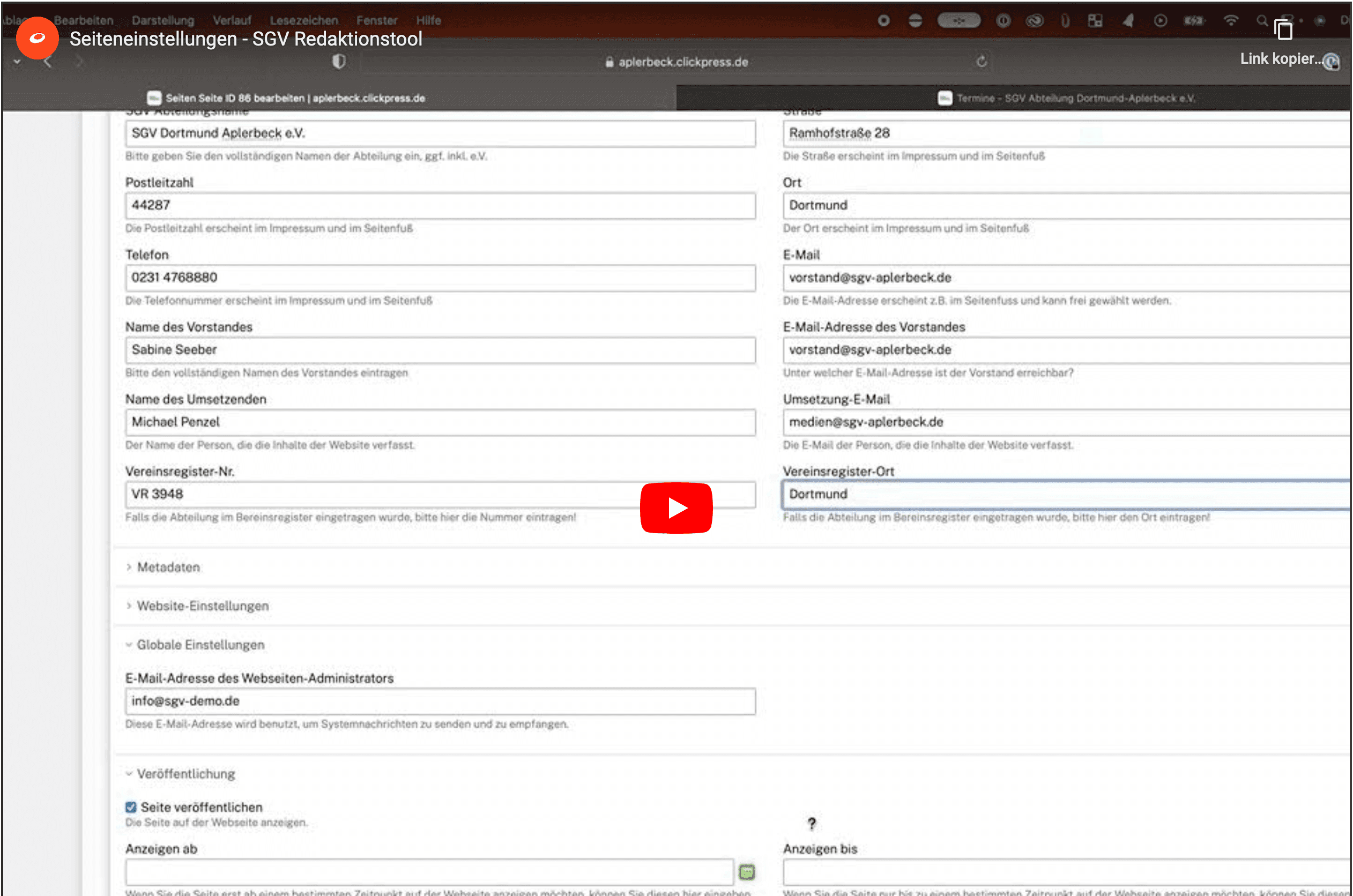 Seiteneinstellungen im SGV-Redaktionstool